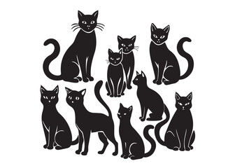  black silhouette on a white background showing various cat poses
