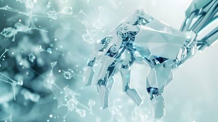 Futuristic robotic hand interacting with digital particles in a high-tech environment