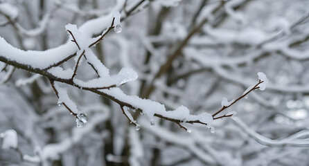Snow-covered tree branches background. Delicate icy patterns on dark twigs, winter serenity