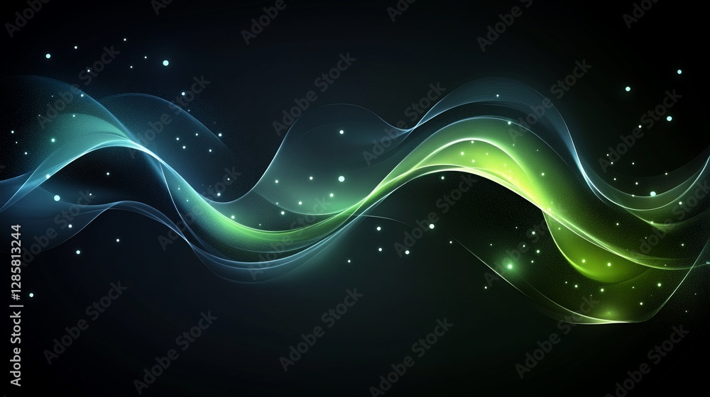 Poster abstract flowing lines with glowing particles in blue and green on a dark background