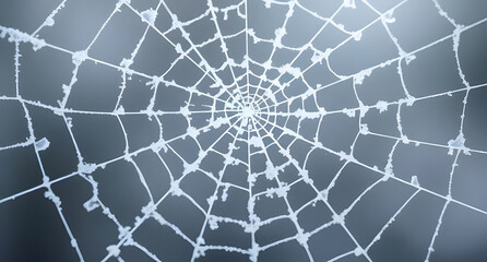 Obraz premium Frozen frost-covered spiderweb background. Delicate white ice crystals tracing fine lines