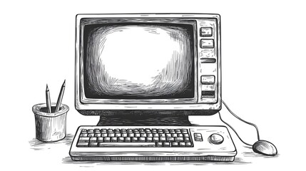 Sketch of a vintage computer with a keyboard, mouse, and pencil holder in black and white, hand drawn retro design