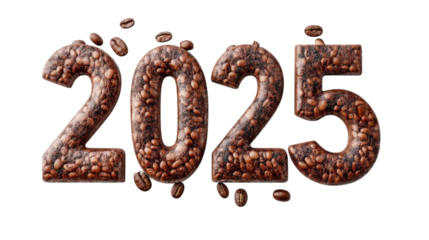 Coffee beans arranged in the shape of the year 2025 with scattered beans on a white background