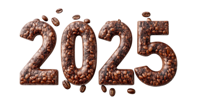 Coffee beans arranged in the shape of the year 2025 with scattered beans on a white background