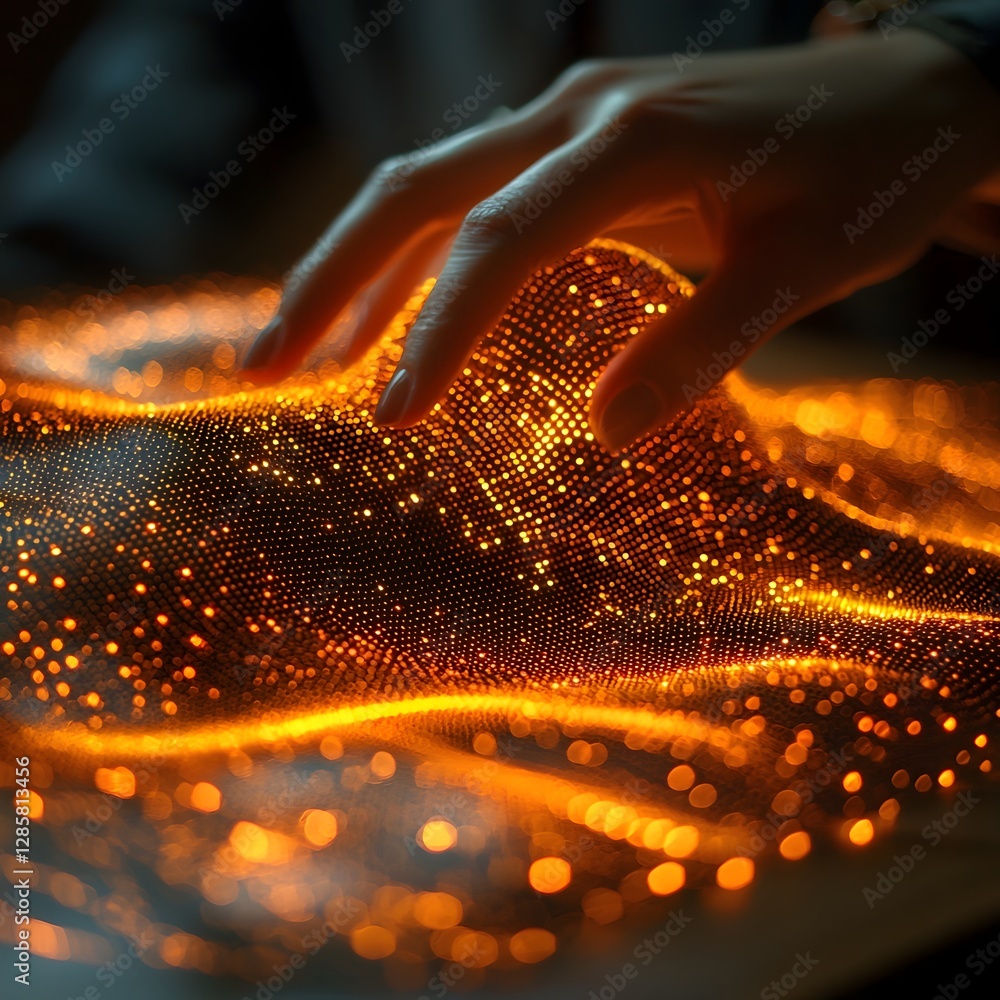 Poster glowing digital data streams flowing as vibrant numerical patterns on minimalist corporate backgroun
