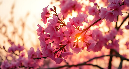 Obraz premium Sakura tree blooming at sunset background. Vibrant pink petals illuminated by golden light