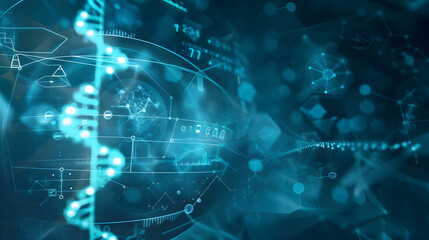 Obraz premium Abstract digital representation of DNA strands intertwined with data visualization elements