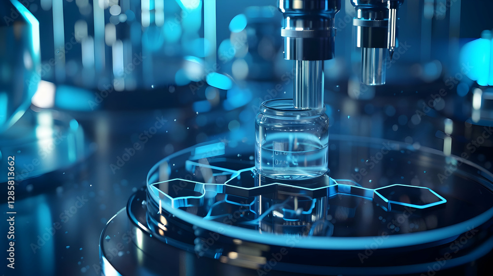 Aufkleber laboratory scene showcasing advanced microscopy with a glass vial and molecular structure visualizat