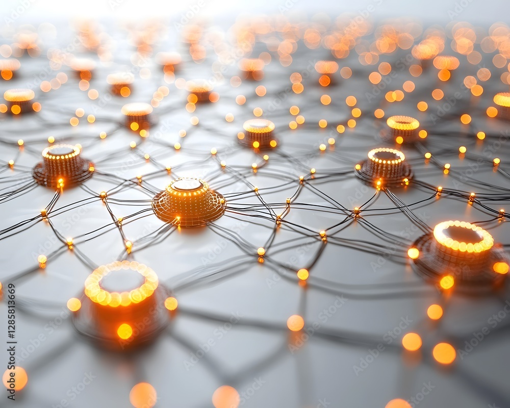 Poster glowing interconnected data nodes symbolizing business information flow in serene white setting
