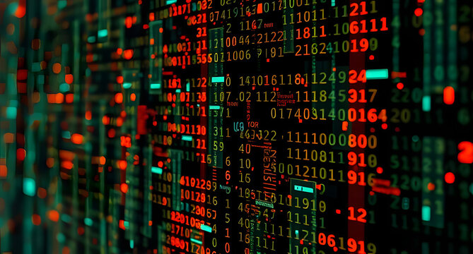 Glitching digital matrix with shifting symbols background. Code breaking apart into visual chaos