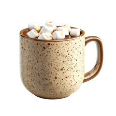 Creamy hot chocolate in speckled mug with mini marshmallows