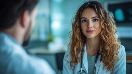 Fototapeta premium Doctor consulting with patient in a modern health clinic during daytime