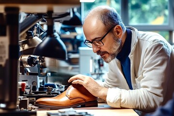 Shoemaker working on leather shoe in workshop