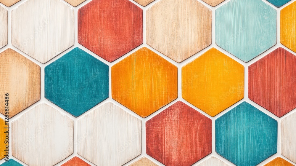 Poster colorful hexagonal tiles in vibrant patterns for interior design