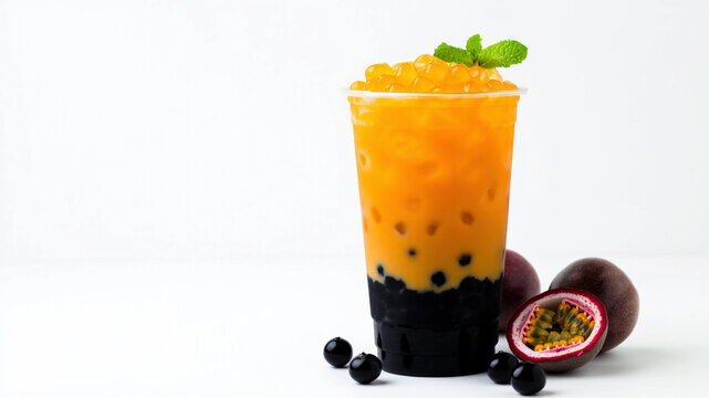 A Scattering of Passion Fruit and Bubble Tea, a White Background