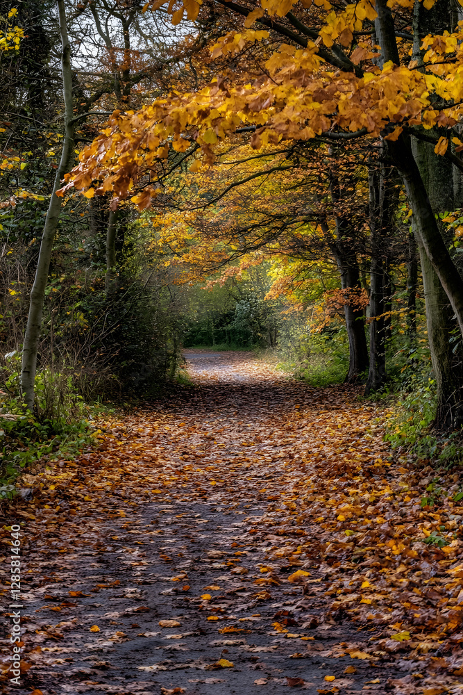 Poster serene autumn forest pathway with colorful leaves and tranquil ambience : generative ai