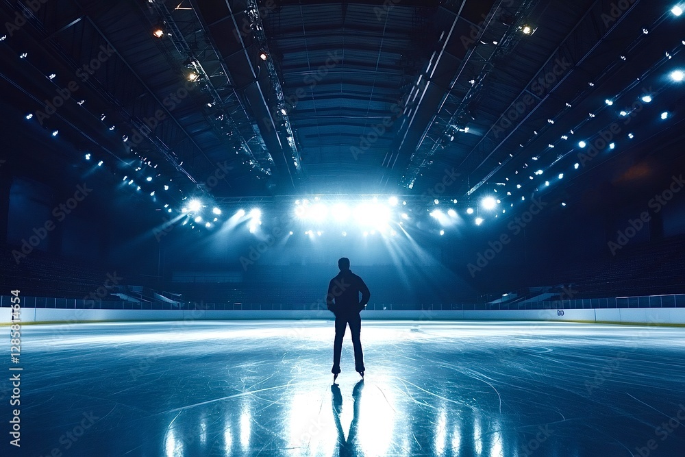 Poster ice skater standing on ice rink in empty arena with bright lights