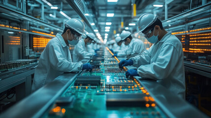 A clean and efficient electronics manufacturing factory with workers assembling circuit boards