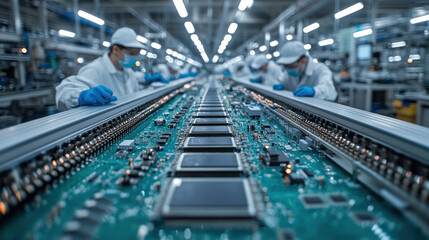 A clean and efficient electronics manufacturing factory with workers assembling circuit boards