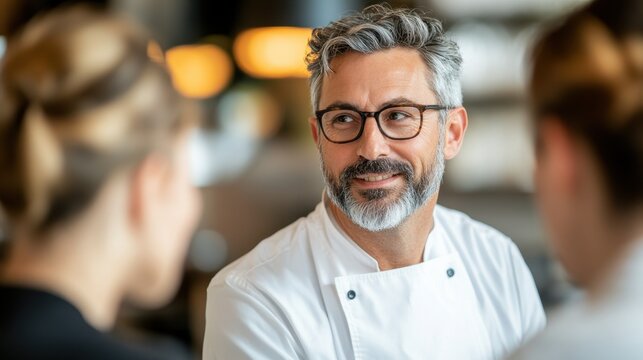 Restaurant Manager Conducting Briefing with Team Members in Modern Dining Setting