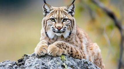 Obraz premium Majestic Lynx Resting on Rock in Natural Habitat Capturing the Essence of Wildlife : Generative AI