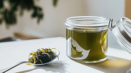 Bright green sea moss gel showcased beside nutrient dense dried sea moss in a naturally lit setting