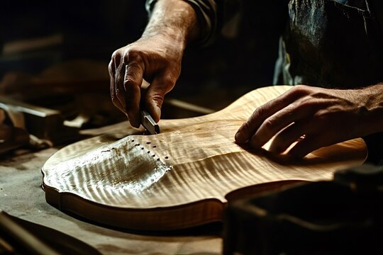 Luthier carefully crafting soundboard of string instrument in workshop