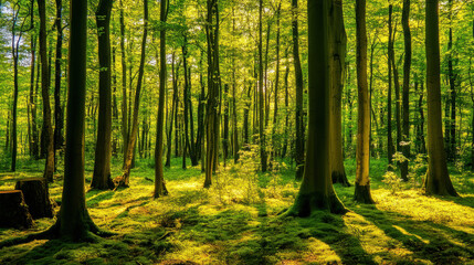 Naklejka premium A tranquil forest scene with tall, lush trees basking in vibrant green sunlight, creating a peaceful atmosphere.