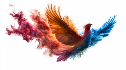 Fototapeta premium A vibrant, colorful bird in flight, wings spread wide, surrounded by a burst of multicolored smoke or paint. A symbol of freedom, imagination, and artistic expression.