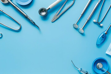 A collection of dental instruments and tools arranged on a blue background for medical use