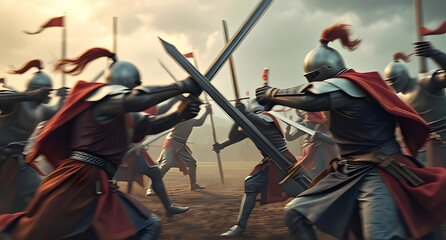Medieval knight battle scene background. Clashing swords, blurred motion, stormy sky