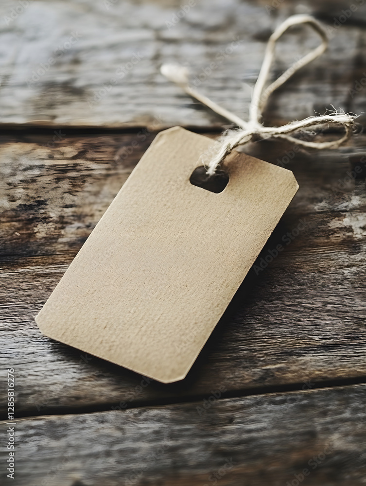 Poster Rustic Brown Paper Tag on Wooden Surface with Natural Twine Loop : Generative AI