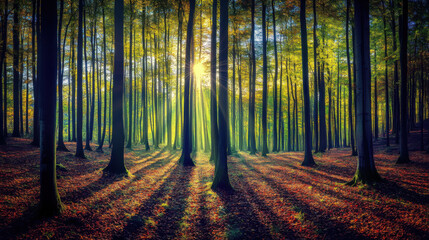 A mesmerizing forest scene bathed in golden sunlight, highlighting vibrant greens and warm autumn hues.