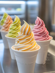 Assorted Flavors of Swirled Soft Serve Ice Cream in White Cups for Delicious Summer Treat : Generative AI