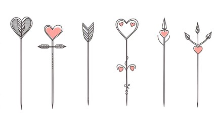Collection of decorative arrows with heart shaped elements in black, white, and pink, minimalist hand-drawn design