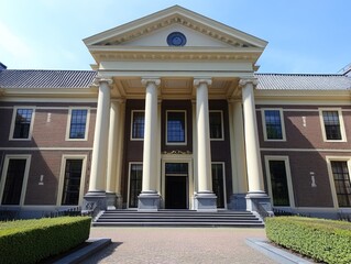 Majestic classical building facade with symmetrical columns, brick exterior, and grand entrance.