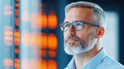 Fototapeta premium Professional Data Security Expert in Modern Office Setting Analyzing Digital Solutions and Strategic Approaches to Information Protection