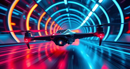Futuristic racing drone speeding through neon tunnels background. High-tech agility on display