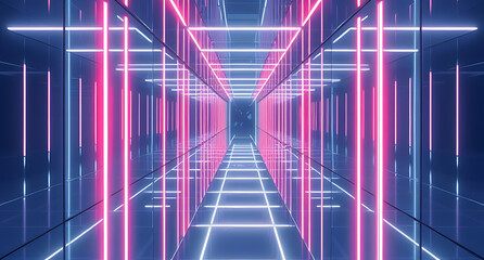 Endless mirrored hallway with glowing neon lines background. Infinite reflections creating a futuristic maze