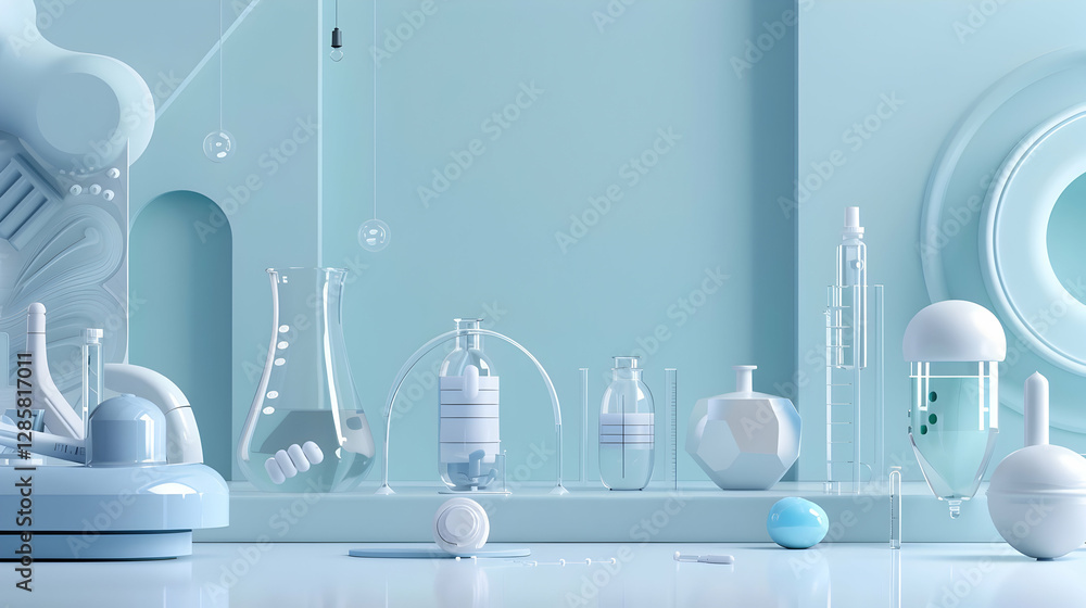 Poster abstract laboratory scene featuring various glassware and scientific instruments in a serene blue se