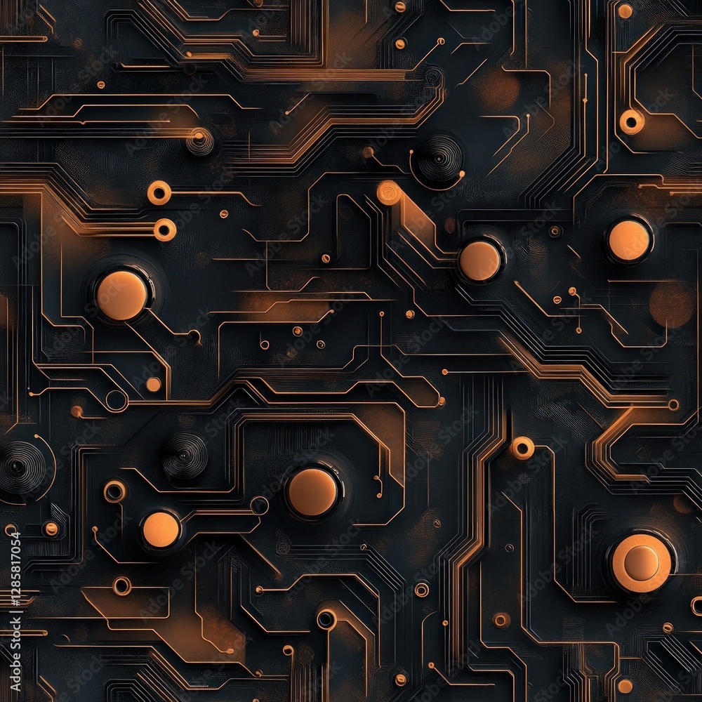 Poster Abstract Circuit Board Design with Orange Highlights on Dark Background