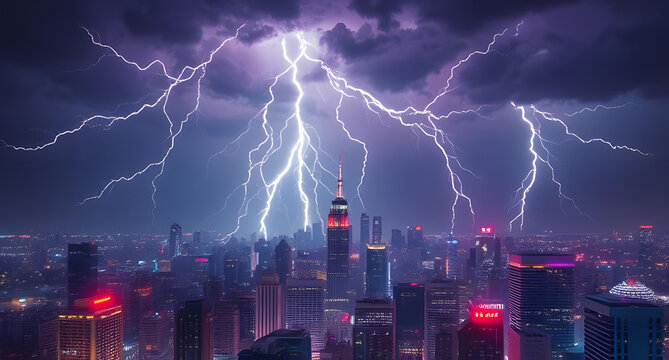 Electric storm over a cyberpunk skyline background. Neon city under chaotic lightning strikes