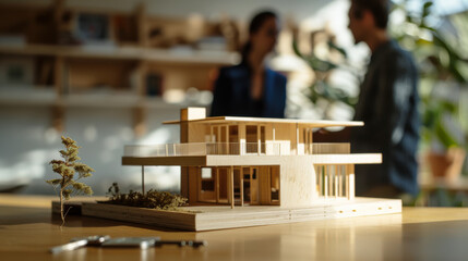 Architectural model showcasing modern design in workshop with project discussion among designers during daytime