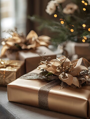 Elegant Christmas Gift Boxes with Gold Wrapping and Festive Decorations : Generative AI