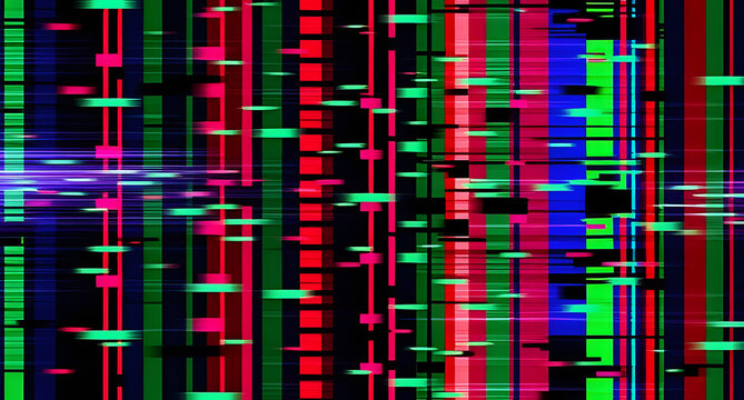 Glitch pixelated distortion background. Digital error effect with fragmented RGB colors