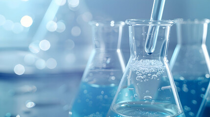 Laboratory scene showcasing glassware with blue liquid and bubbles, emphasizing scientific research