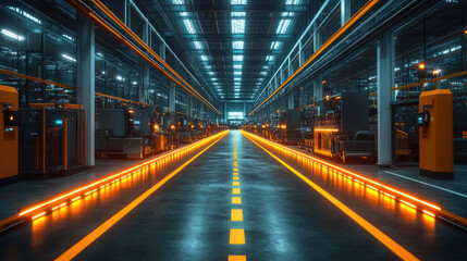 A futuristic AI-assisted night shift factory, where machines and humans work in harmony