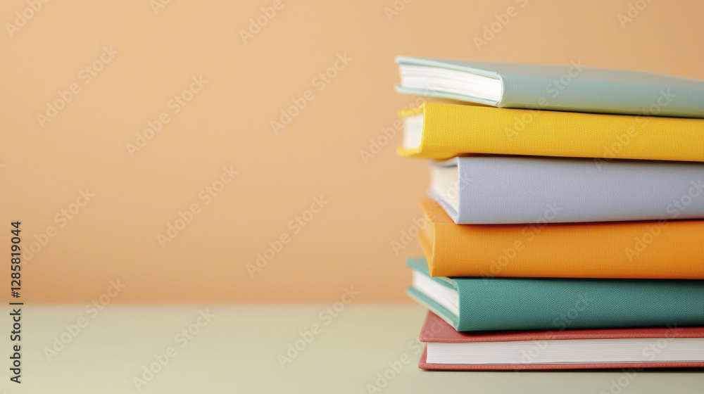 Poster colorful stacked notebooks on table with soft background, perfect for study or organization