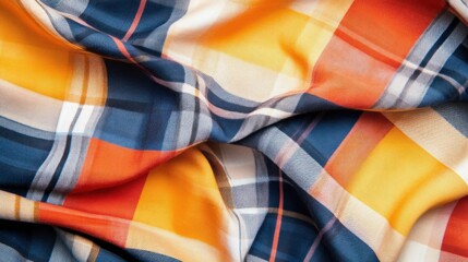 Colorful Fabric Texture with Orange, Blue, and Yellow Plaid Pattern