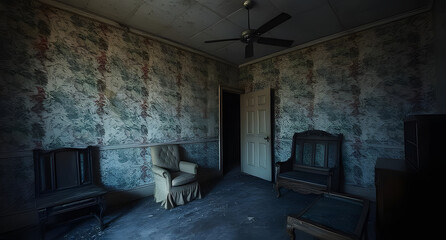 Haunted abandoned house background. Peeling wallpaper, broken furniture, eerie shadows